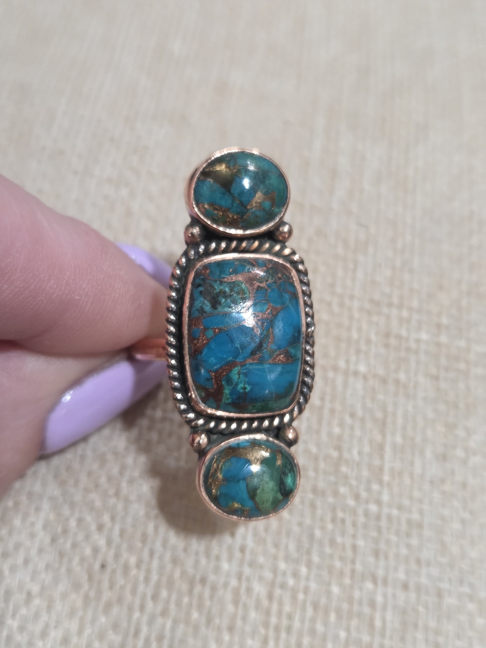 Turquoise Inlay Copper Statement Ring - Blue Green - Picture 5 of 6